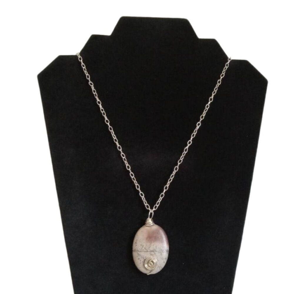 Metal Wire Wrapped Brown and Tan Oval Stone Pendant Silver Toned Chain Necklace